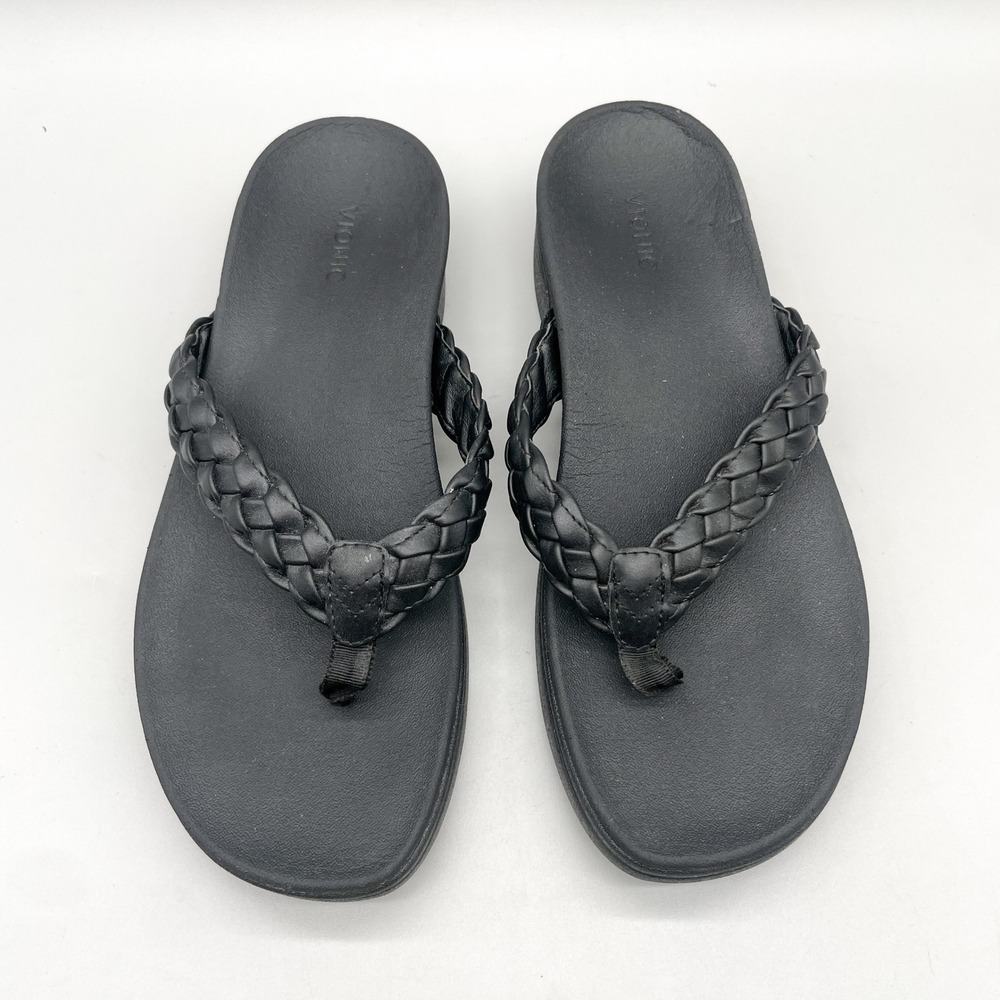 Vionic Womens 11 Kenji Platform Thong Sandals Black Braided Flip Flops Comfort